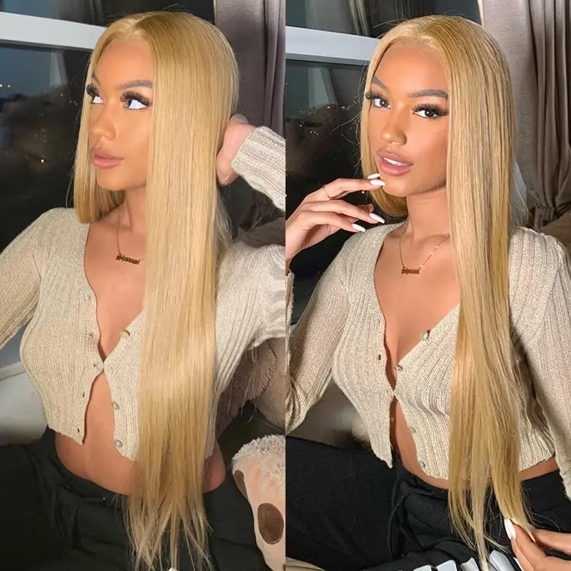 Tinashe Ombre #2/27 Honey Blonde Human Hair Silky Straight Lace Closure Wig, 6×5 Pre-Cut HD Lace, Glueless Wear-Go, Pre-Bleached Knots, Lace Straight Wigs