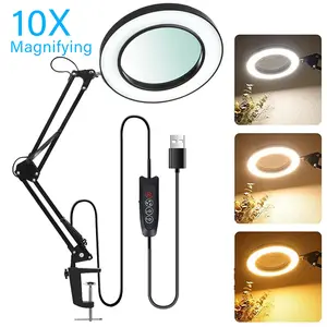 60 LEDs Magnifying Lamp, 10X Magnifying Glass with Light and Stand, 10 Dimmable Brightness 3 Color Modes, Hands Free Metal Desk Lamp for Craft Reading Painting Hobby Close Work