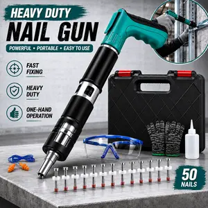 Manual Mini Steel Nail Gun 5 Gears Power Adjustable Concrete nail driver Woodworking integrated air nailer gun with 50 Nails， Concrete Nail Gun Kit with Safety Gear, Heavy Duty Steel Nailer for Wall, Ceiling & Home Repair, Portable Nail Shooting Tool