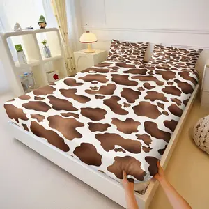3Pcs Brown Cow Print Fitted Sheet Set, Decorative Bedsheet Sets, Classic Cowhide Pattern Bedding Set, Scattered Spots with Varied Sizes in Deep Chocolate to Tan Hues, Decorative Bedding, Durable Soft Fabric, Includes 2 Pillowcases, No Pillow Core