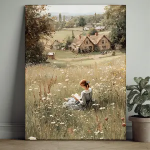 1-Piece Pastoral Canvas Wall Art for Girls - Vintage Oil Painting Style, Floral Scenery, Soft Colors, Natural Wood Framed, Ready to Hang, Rustic Home Decor - 12x16in (30x40cm) Wood, Colorful Art Posters, Floral Decoration Posters for Living Room, Bedroom