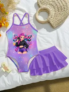 K Pop Beach Babe Sweet Cool Rock Style Girls' Swimwear, Starry Sky Print, Summer Vacation Casual Two-Piece Set