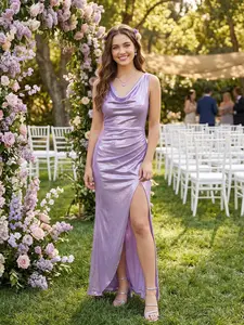 Lavender 1960s Mermaid Cowl Neck High-Slit Pearlescent Dress Wedding Guest for Women's Vintage Style Spandex Womenswear Party Party Party
