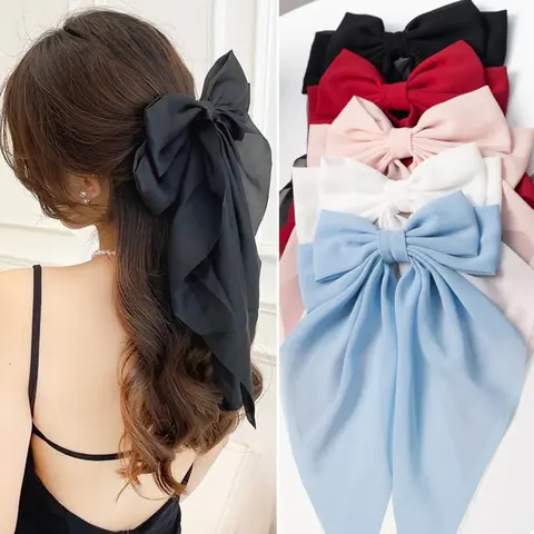 5 pcs Hair Bows for Women & Girls: Big Bow Clips with Ribbons - Bow-Knot Clips for Thick & Thin Hair, Nonslip Claw Clips, 5 PCS