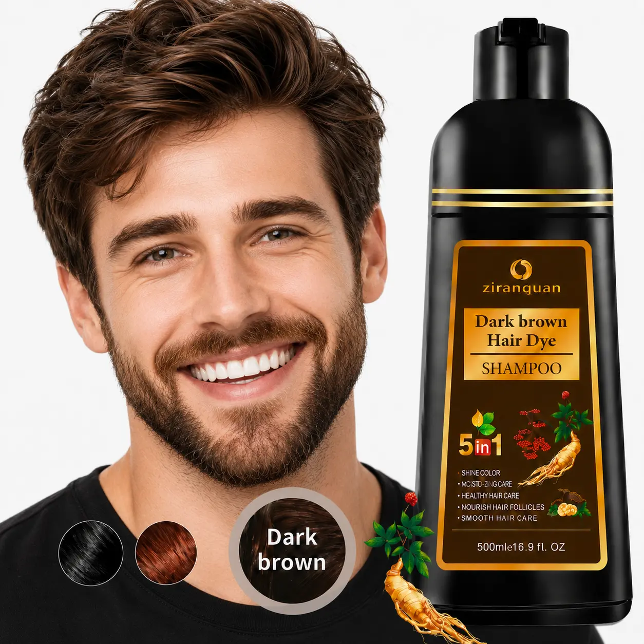 Dark Brown Semi Permanent Ammonia-Free Hair Dye Shampoo - 100% Gray Coverage Root Touch-Up for Women & Men, 5-in-1 Hair Care Color Depositing Shampoo with Organic Ginseng Extract, 10-Min Home Application, 500ml/16.9fl oz Gentle Formula, Ammonia-Free Dye
