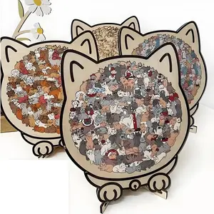 Cute Cat Wooden Puzzle for Adults, Bohemian Style, 135-Piece Jigsaw Puzzle, Acrylic & Wood Box, Perfect Gift for Cat Lovers, Animal Shape Puzzle