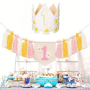 1 set of birthday decoration, daisy high chair banner and crown hat, daisy themed party decoration