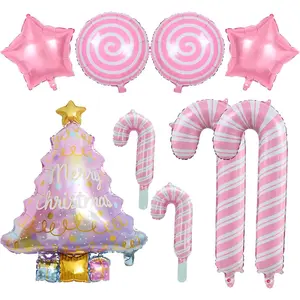 9Pcs Pink Christmas Balloons Decorations, Christmas Tree Balloon, Candy Cane Foil Balloon for Xmas Party New Year Birthday Party Supplies