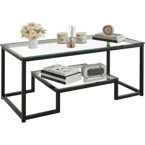 Coffee Table Black Glass Coffee Table for Living Room,2 Tiers Rectangle Center Table with Sturdy Metal Frame,Modern Tempered Glass Accent Table for Bedroom  Office