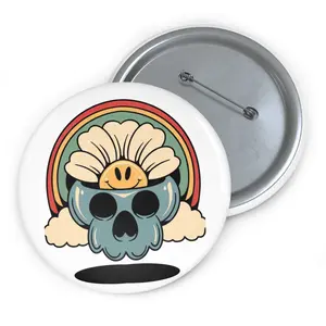 Pin Buttons, Colorful Skull Flower Power Design, Customizable Badge, Rainbow Floral Brooch, Hipster Button, Unique Lapel Pin, Punk Rock
