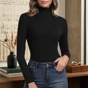 Women's Ribbed Turtleneck Fitted Long Sleeve Shirt - Basic Thermal Layering Top Comfortable Stretchy Knit Fabric Perfect for Casual Wear Daily Outfits Fall Winter Season Essential Clothing