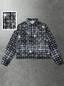 Men's streetwear shirt with rhinestone plaid pattern, long sleeves, American street style.