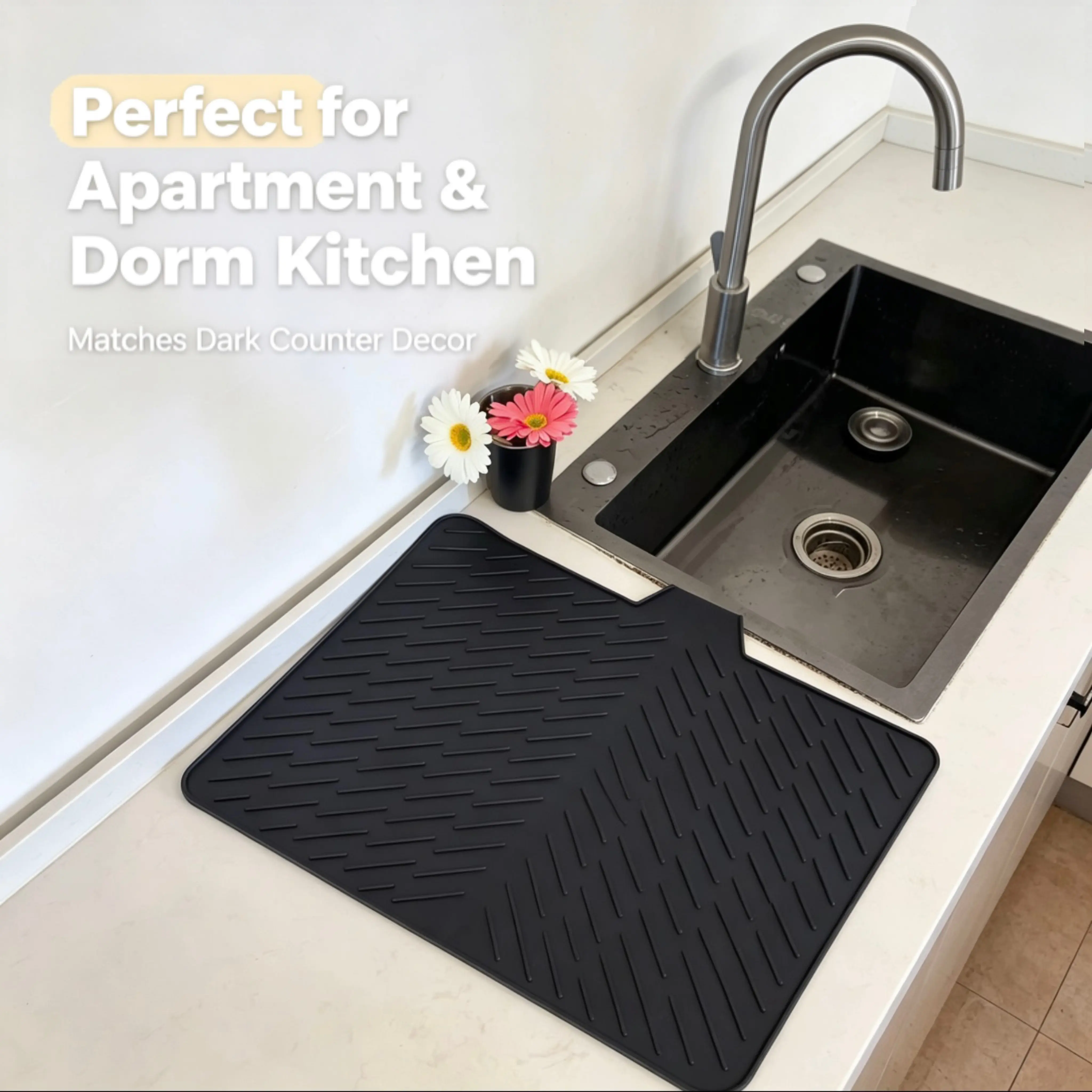 Extra-Large Grooved Silicone Dish Drying Mat - Water-Resist, Non-Slip, Heat-Resistant, Foldable Counter Top Protector with Built-In Drain Lip, Easy-Clean Home Organizer Ideal Gift for Family