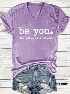 Women's Letter Print V Neck Tee, Casual Short Sleeve T-Shirt for Summer, Ladies Clothes for Daily Wear, Top