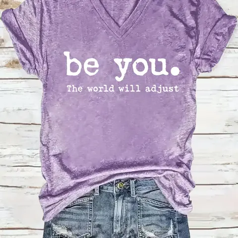 Women's Letter Print Loose Baggy V Neck Tee, Casual Comfy Tee, Casual Short Sleeve T-Shirt for Summer, Ladies Clothes for Daily Wear, Top