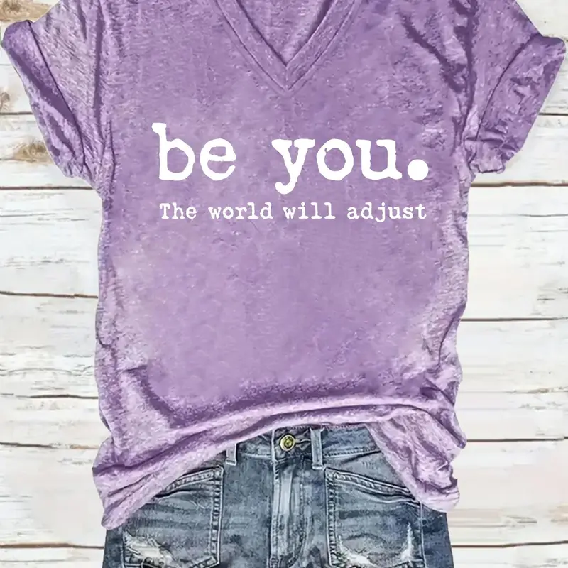 Women's Letter Print Loose Baggy V Neck Tee, Casual Comfy Tee, Casual Short Sleeve T-Shirt for Summer, Ladies Clothes for Daily Wear, Top