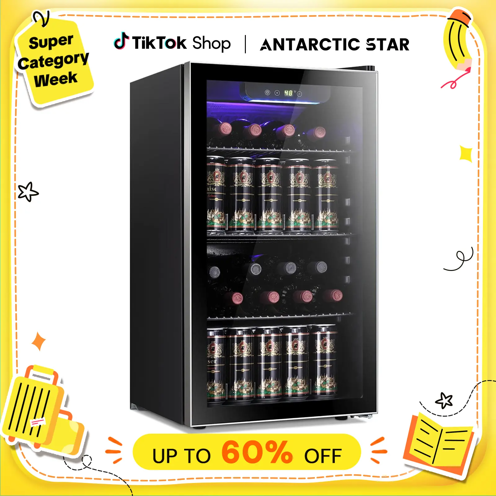 Antarctic Star Beverage Refrigerator Cooler 0.64-4.5Cu.ft 24-145 Can Wine Cooler Cabinet Mini Wine Cellar Beer Soda Clear Glass Door Bar Fridge Quiet Compressor Adjustable Temp Freestanding Indoor Use for Home Office Bar Freezer Box Durable