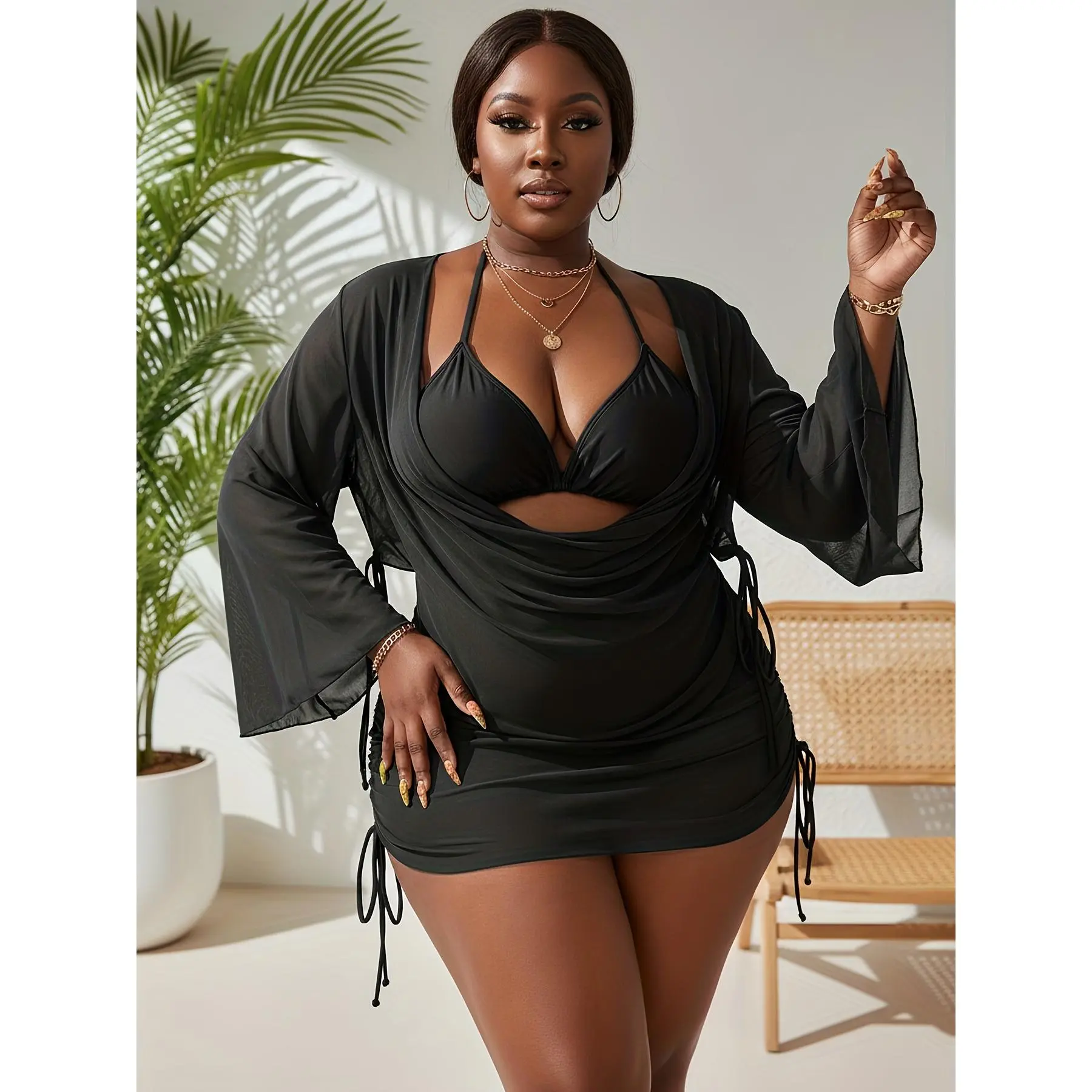Women's 4-Piece Plus-Size Solid Swimdress Set - Stylish Beachwear with Belly-Concealing Bikini, Swimsuits for Trendy Beach Use (3XL, 4XL)
