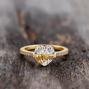 Tied With Love Promise Ring – Gold Heart Bow Ring  – Gift for Girlfriend, Wife, Anniversary, or Birthday, Heart Bow Ring – Full Diamond Promise Ring GF, Romantic Engagement Style, Anniversary Gifts for Her