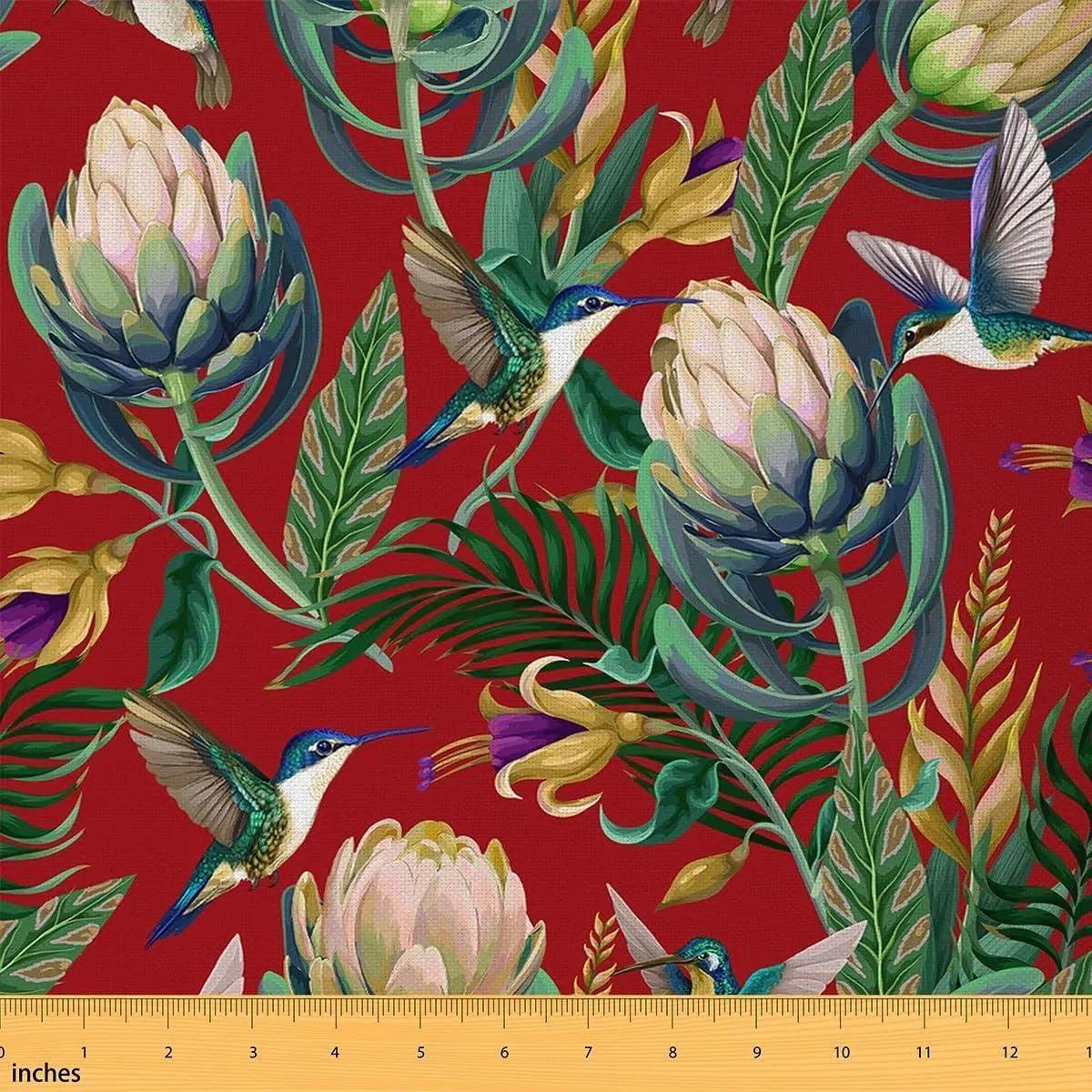 Flower Hummingbird Fabric,Plam Leaves Tropical Plant Soft Flannel Polyester No Stretch Fabric Sewing Lover,Retro Farmhouse Style Waterproof Crafting Supplies