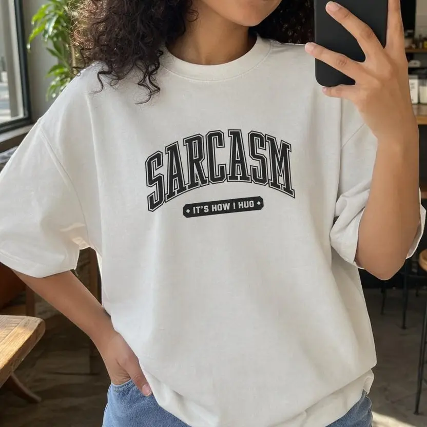 Women's Casual Sarcastic Graphic Tee, "It's How I Hug" Loose Fit Round Neck Streetwear T-Shirt, Plus Size Available, Top, Tshirt, Lady