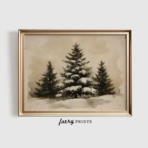 Vintage Christmas Tree Landscape Print | Christmas Decor PRINTABLE Wall Art | Moody Winter Wall Art | Antique Holiday Evergreen Art| Holiday gift idea