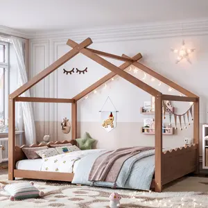 Queen House Floor Bed with Support Slats, Solid Wood House Bed Frame , No Box Spring Needed and Opening Constructure, Deep Natural