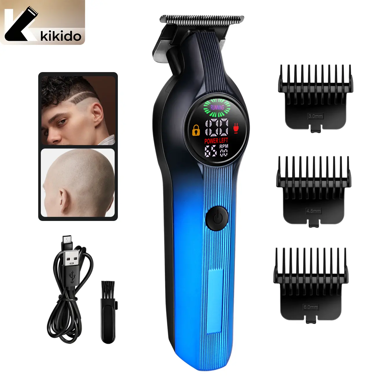 Kikido Digital Hair Clipper for Men Home & Barber Use Cordless USB Fast Charge LED Screen Precision Fade Trimmer Kit