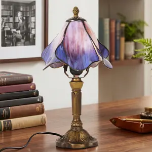 Tiffany Style Table Lamp, 14.6 Inch Blue Petal Stained Glass Lamp, Antique Bronze E26 Accent Light For Bedroom Living Room Nightstand