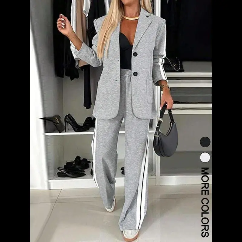 Women's Striped Print Blazer Jacket & Wide Leg Pants Set, Casual Fitted Suit for All Seasons, Stylish Ladies' Clothing Ensemble