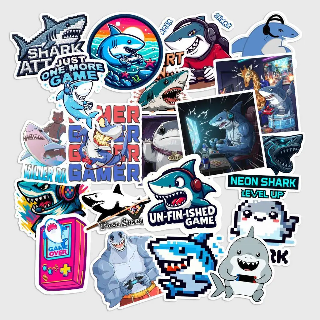 20 Pcs Shark Gaming Stickers Pack - Cool Aesthetic Gamer Shark Decals, Waterproof Vinyl Blue Neon Shark Stickers for Gaming Laptop, PC, Console - Gamer Gift