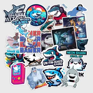 20 Pcs Shark Gaming Stickers Pack - Cool Aesthetic Gamer Shark Decals, Waterproof Vinyl Blue Neon Shark Stickers for Gaming Laptop, PC, Console - Gamer Gift