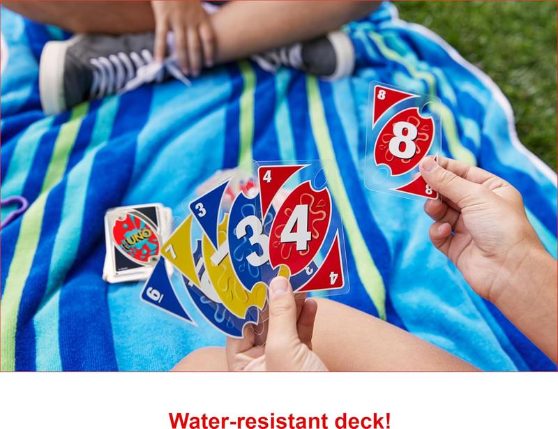 UNO Splash Card Game with Waterproof Clear Cards Portable Clip for Travel Camping and Game Nights Away Durable Plastic Cards for Anywhere Play