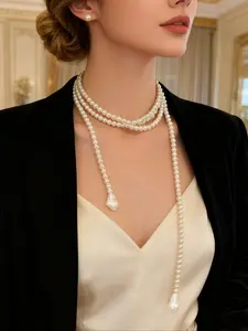 Elegant Multilayer Imitation Pearl Necklace, Dainty Pearl Necklace, Waterdrop Baroque Pendant Choker, Long Dual-Wear Design, Daily Commute Gentle Style Accessory