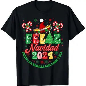 Feliz Navidad 2024 Spanish Christmas Mexican Family Matching T-Shirt, 100% Cotton, Single Side Printed, Black Short Sleeve T-shirt, 1 pc, Christmas Halloween Thanksgiving Gift