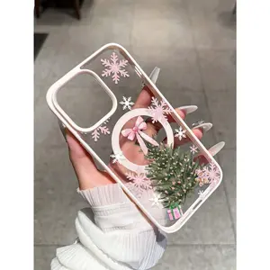 Pink snowflake and Christmas tree pattern magnetic ring phone case. Compatible with iPhone 17/16/15/14/13/12/11/X/XS/XS Max. A perfect holiday gift for friends, family, and yourself.