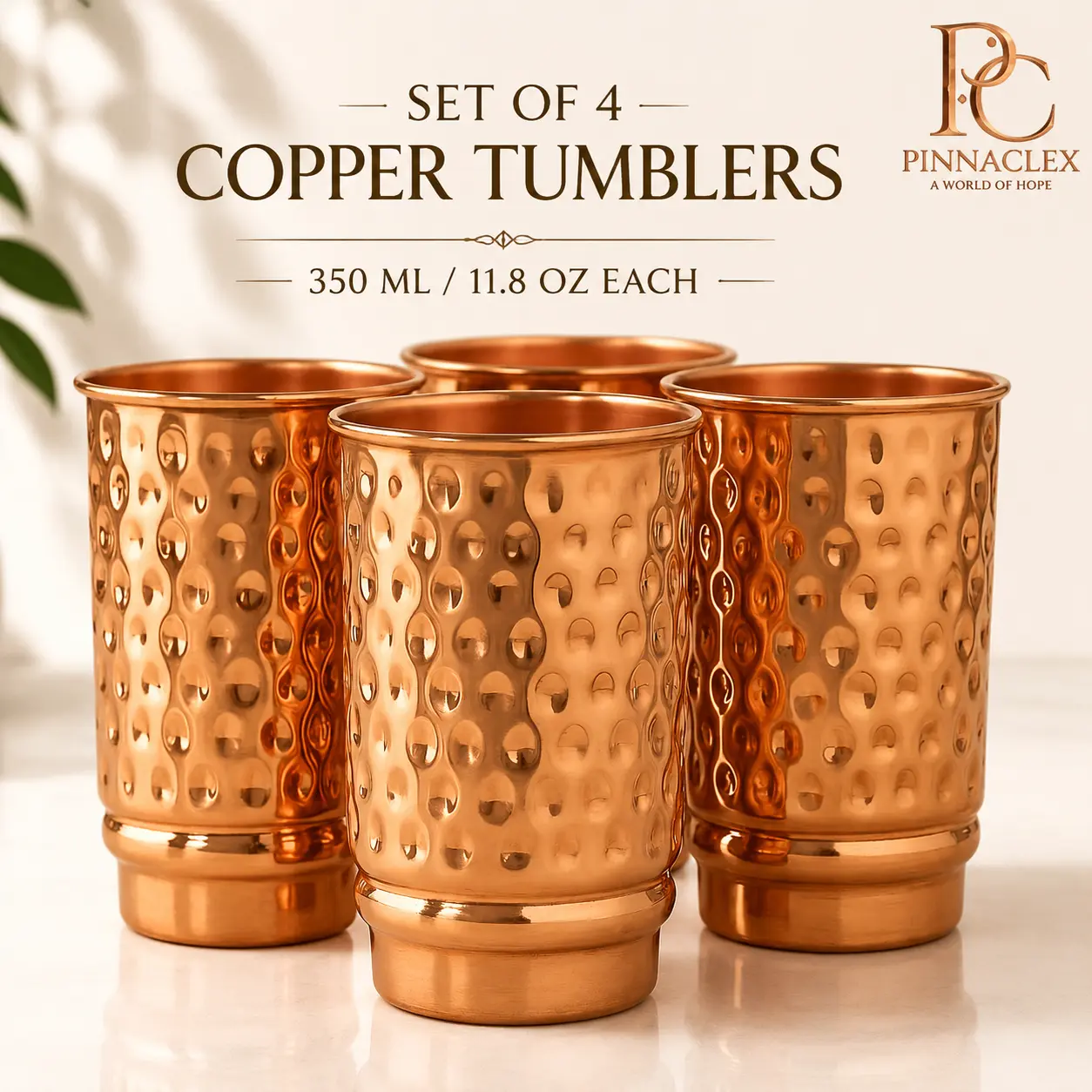 Set of 4 Copper Tumbler | 350 ml / 11.8 Oz 100% Pure Copper Hammered Glasses | Ayurvedic Health Benefits Medicine Cups | Drinking Water Tumblers 4 Pieces | Premium Quality Cup