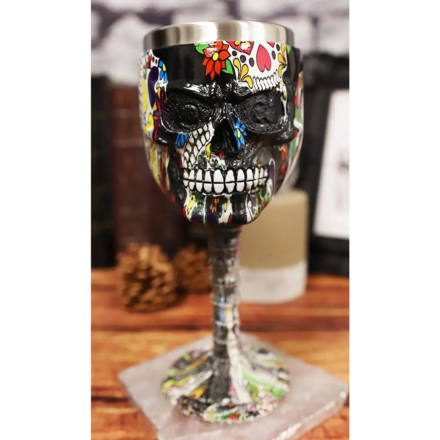 Ebros Black Floral Sugar Skull Steel Cup, Colorful 7.25"H Wine Goblet Chalice Kitchen Drinkware