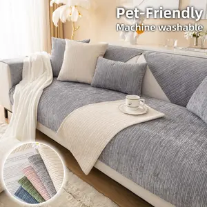 Solid Color Chenille Couch Cover, Couch Slipcover, Soft Ribbed Sofa Covers for Dogs & Cats, Machine Washable Non-Slip Sofa Pad, Modern Grey & Beige Sofa Throw, Multi-Color Living Room Decor, Anti-Scratch Couch Mat for 1/2/3/4 Seater,