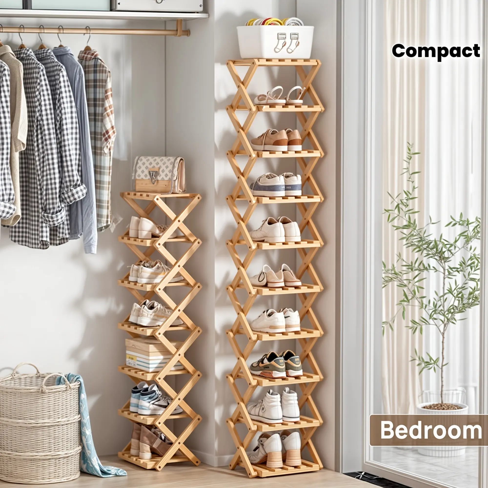 Strong Bamboo 6-Cube Foldable Shoe Rack Organizer - 5-Level Compact Floor-Standing Closet Storage, Compartmentalized, Fold for Space, Assembly Required, Independent Design, Furniture for Small Spaces, Shoes Stay Sorted