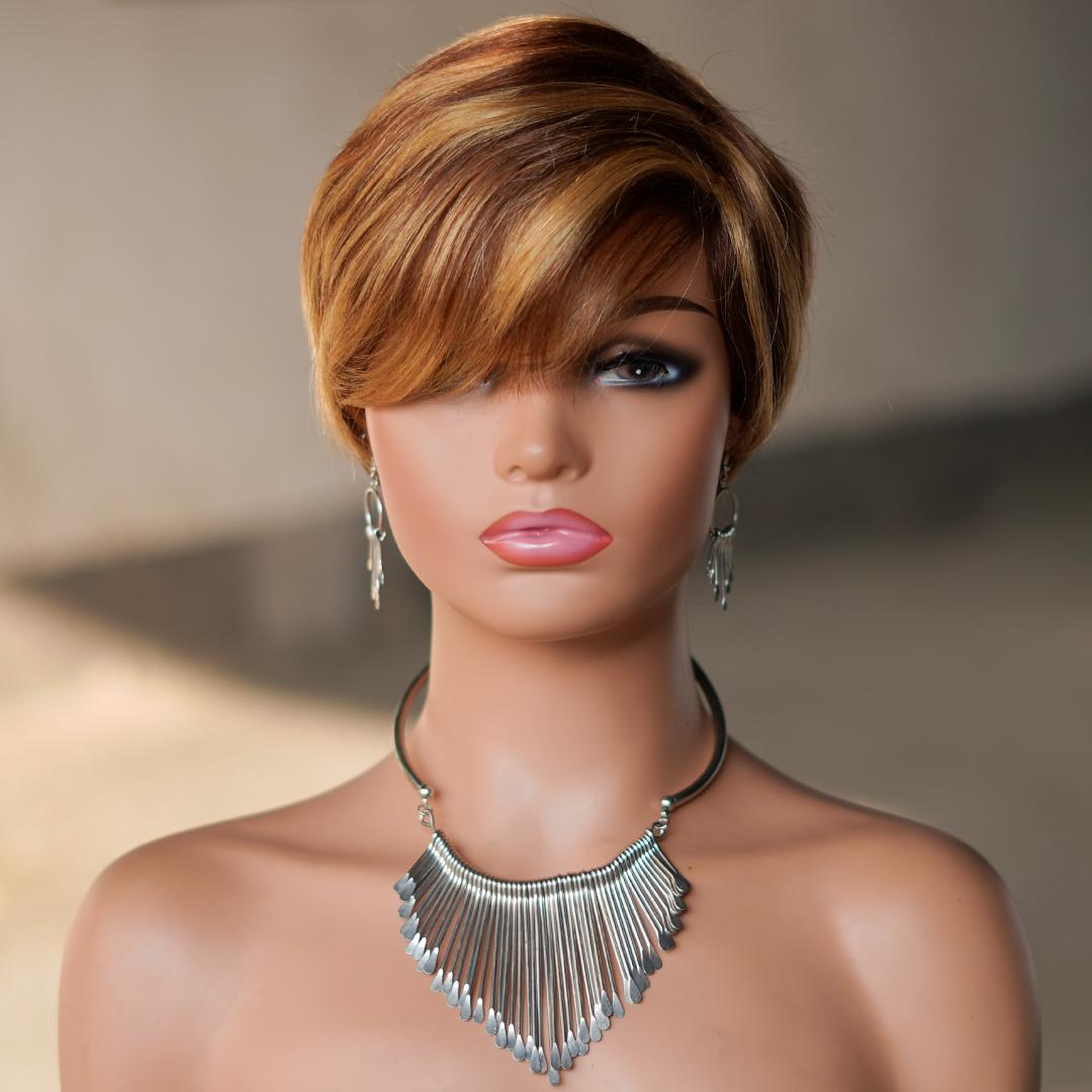 Short Pixie Cut Wig With Bangs, Glueless 180% Density Brazilian Virgin Human Hair, 6 Inch 1B Natural Black Mixed Blonde, Machine Made Wig For Daily & New Year Wear