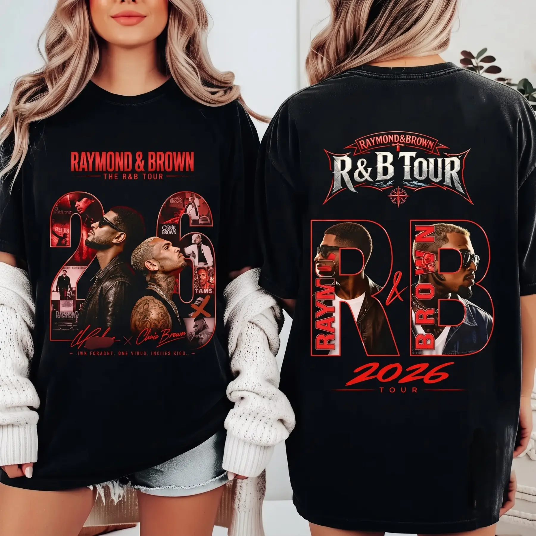 [FREE SHIP] Ch.Brown Usher Raymond The R&B Tour 2026 Unisex Tee, RAndB Hip Hop Concert Merch, Two Legends Slogan Vintage Bootleg Apparel