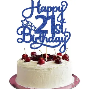 1 Pack Blue Glitter Happy 21st Birthday Cake Topper 21 & Fabulous Cake Pick for 21st Birthday Anniversary Party Cake Decorations Supplies