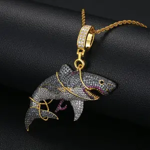 ORPHIC Hip Hop Zircon Men's Pendant Necklace Bundle Shark Shape Color Pendant 24-inch Twisted Chain Fashion Gift Jewelry