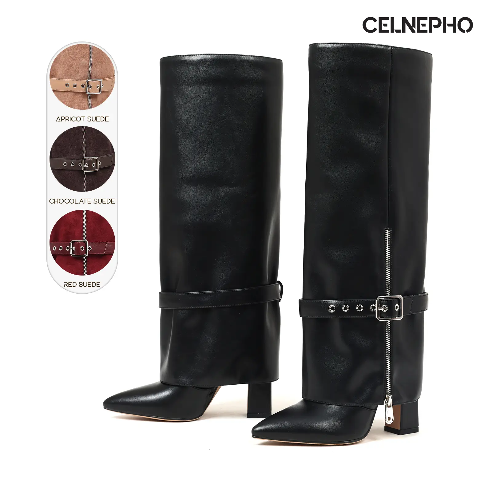 CELNEPHO Knee High Boots for Women Pointed Toe Fashion Summer Boot Tall Boot Adjustable Buckel Slouchy Boots Fashionable Side Zipper Closure Fold Over Boot Gift Party Office Wear Music Festival Wedding Dress Shoes