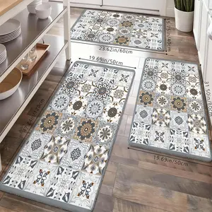 Grey Beige Boho Tile Kitchen Mats Set, Non-Slip Washable Runner Rugs for Kitchen Sink, Laundry Room, Bathroom, Hallway & Farmhouse Decor