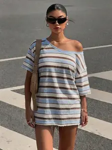 Blue & Brown Striped Off-the-Shoulder Oversized T-Shirt | Coastal Casual & Grunge Aesthetic | Raw Edge Details | Versatile Summer Wear | Perfect for Laid-Back Street Style