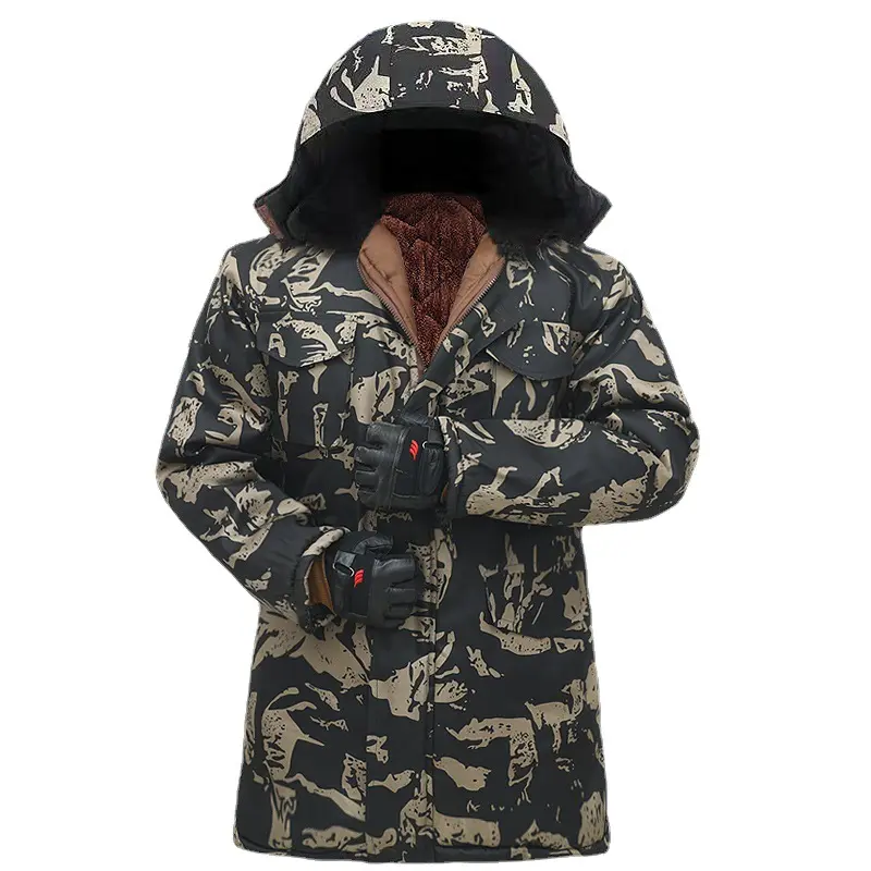 Men's 2-Piece Padded Thermal Camouflage Cotton Parka & Cargo Pants Set - Mid-Length Hooded Blackhawk Cotton Jacket, Thick Fleece Layer, Multiple Pockets, Prolonged Warmth, Fabric Shell, Outdoor Labor Protection Menswear Outfit, Mid-Length Blackhawk Cotton