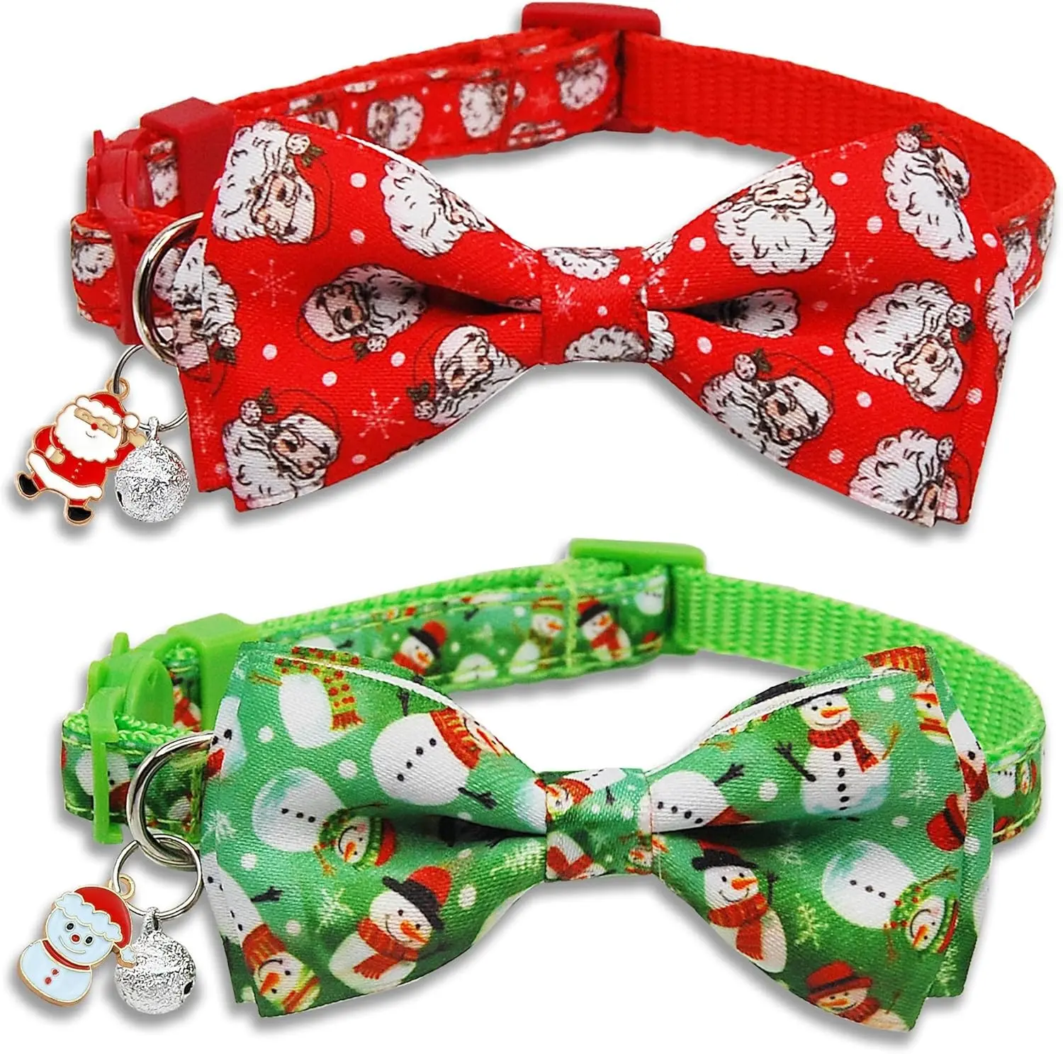 Christmas Cat Collars 2 Pack, Festive Santa & Snowman Bow Tie Collars with Bell and Charm, Adjustable Holiday Cute Xmas for Boys and Girls Kitties and Kittens