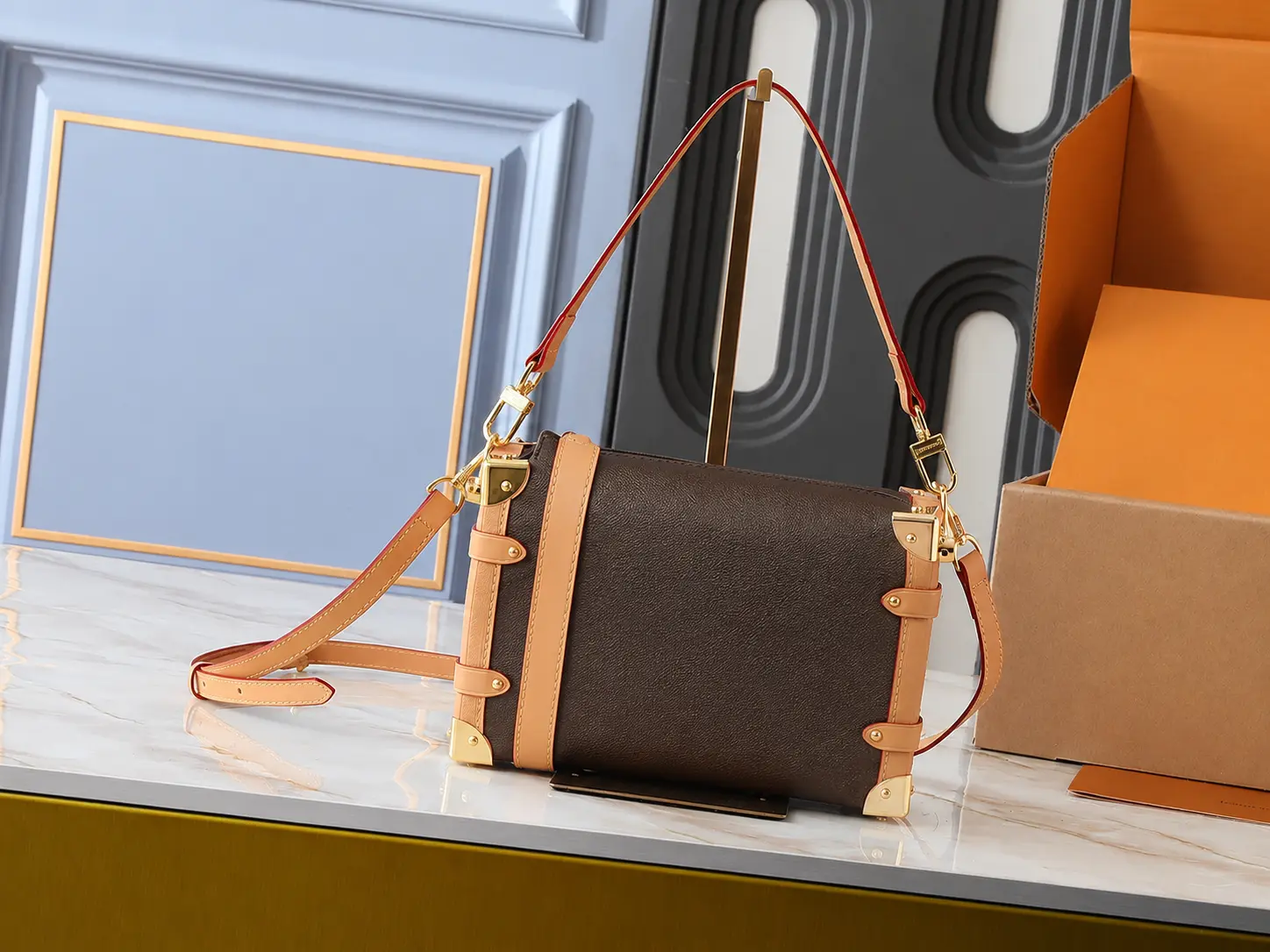 Women’s Brown Colorblock Barrel Shoulder Bag, Trunk-Inspired Crossbody Purse with Gold-Tone Chain, Adjustable Strap and Zip Closure